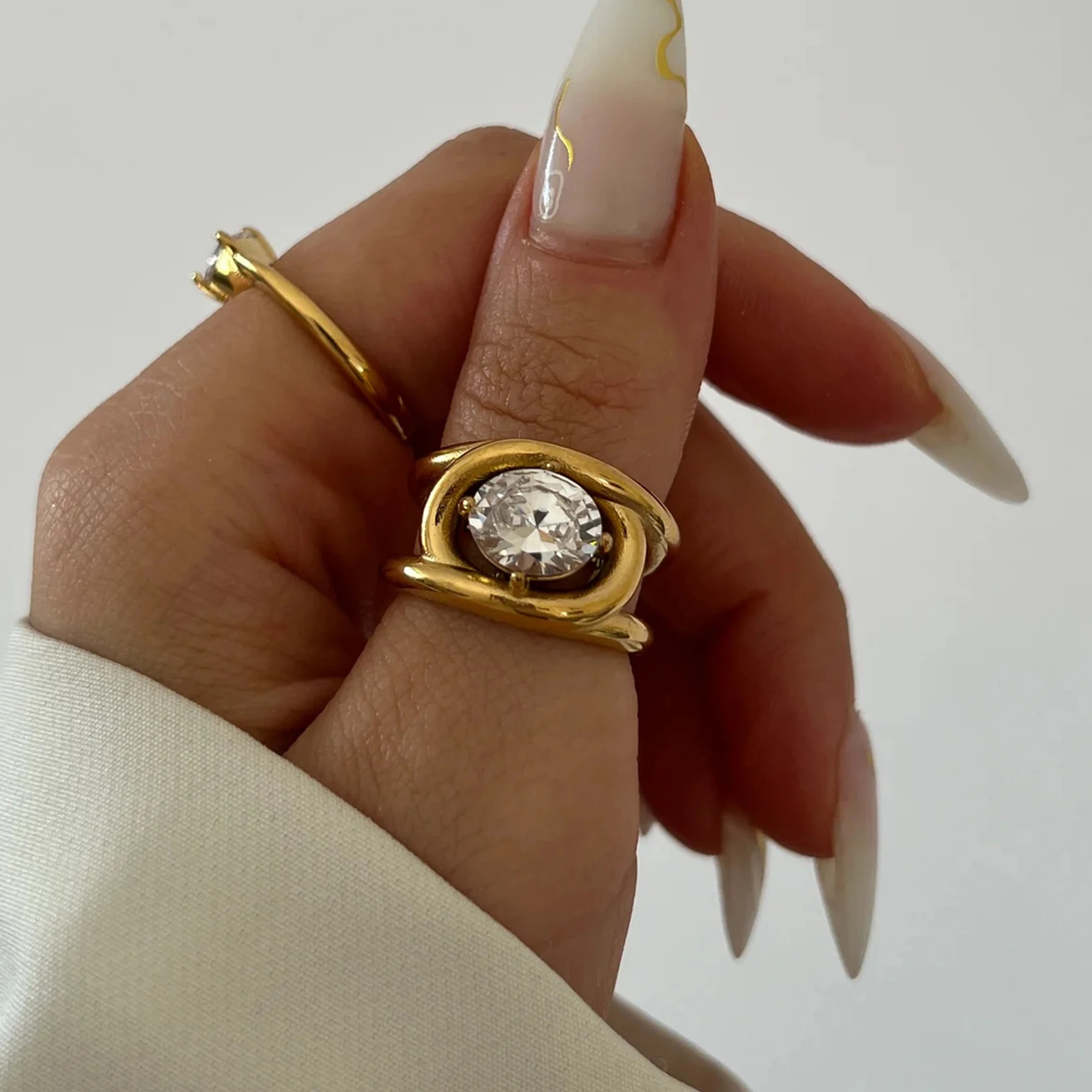 Big Oval Stone Statement Rings for Women Minimalist Dainty Boho 18k Gold Plated Stainless Steel Tarnish Free Jewelry Waterproof