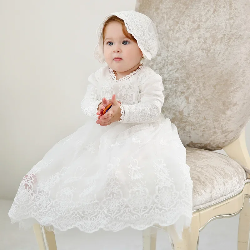 Vestido de bautizo de encaje alargado para niñas pequeñas, vestido de novia, blanco, 0 a 2 años