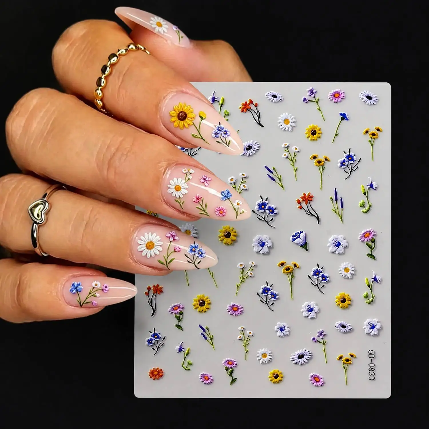 1Pc 3D Embossed Wildflower Nail Sticker Colorful Mixed Floral Nail Decal Elegant Fresh Forest Theme Nail Slider
