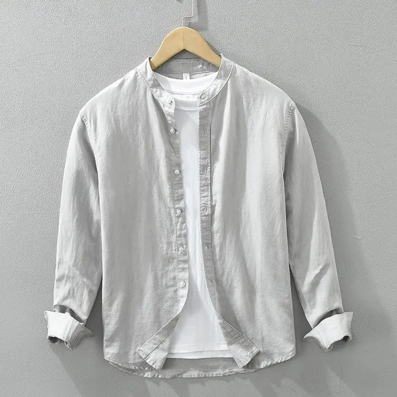 

Young Men's Cotton Linen Shirt Standing Collar Casual Style Long Sleeve Thin Material Daily Wear Comfortable Unisex Inner Wear