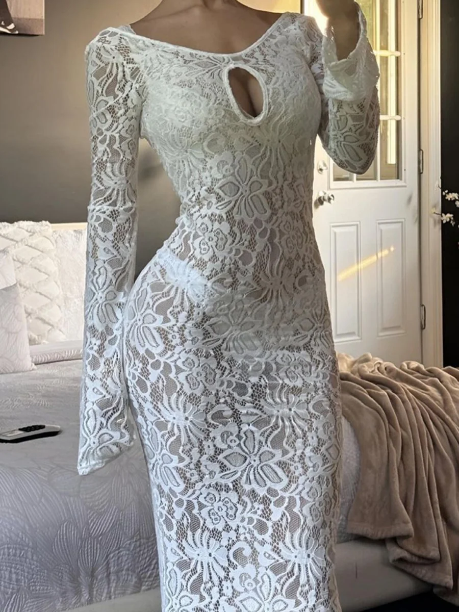 wsevypo Backless White Lace Floral Sheer Long Dress Women's Sexy See-Through Backless Long Sleeve O Neck Clubbing Dresses