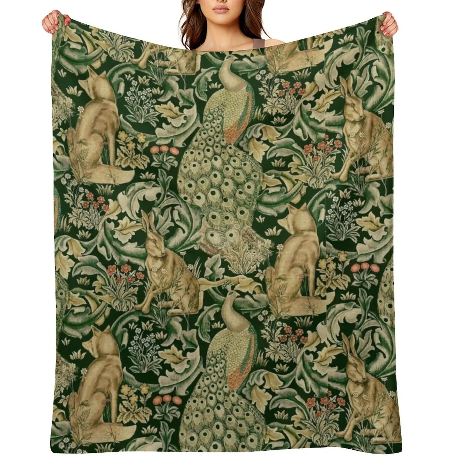 

GREEN FOREST ANIMALS ,PEACOCKS, FOX AND HARE IN GREEN LEAVES,FLORAL PATTERN Throw Blanket Shaggy Blankets