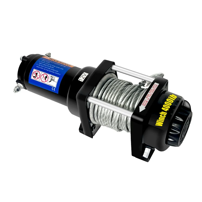 ونش كهربائي محمول 12 فولت تيار مستمر مادة فولاذية سعة رفع 4000 رطل للسيارة والقارب تتميز بحبل أسلاك الفولاذ