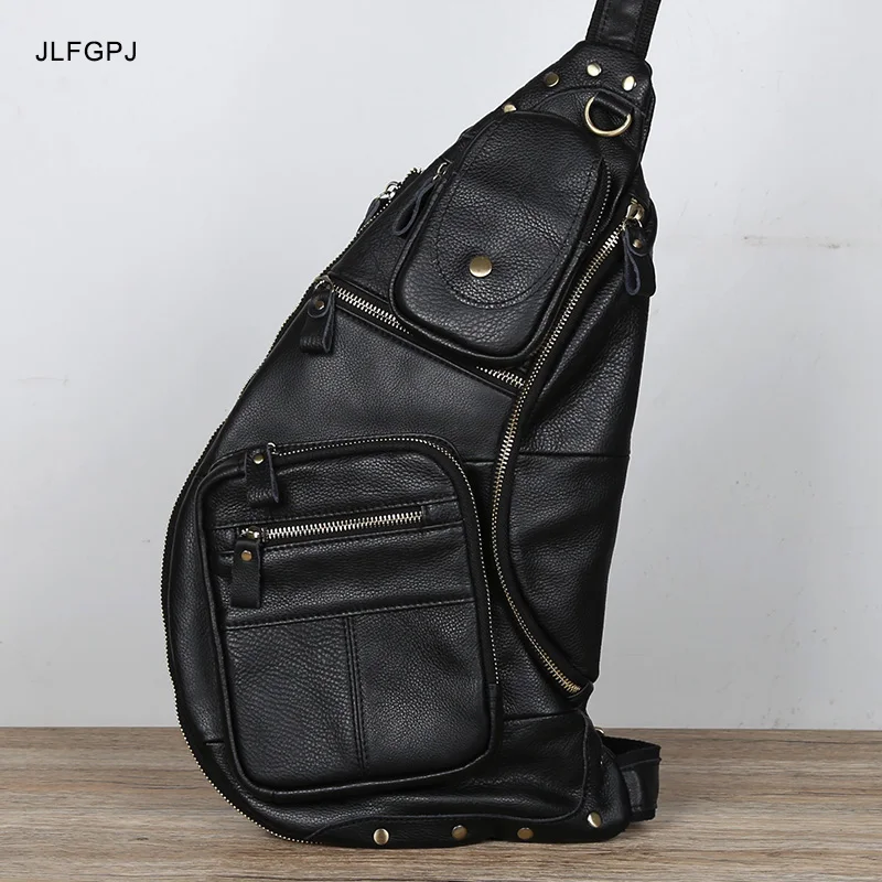 JLFGPJ bolso de pecho de cuero de media luna para hombre, bolso cruzado informal y A la moda con múltiples bolsillos y una capa superior de piel de