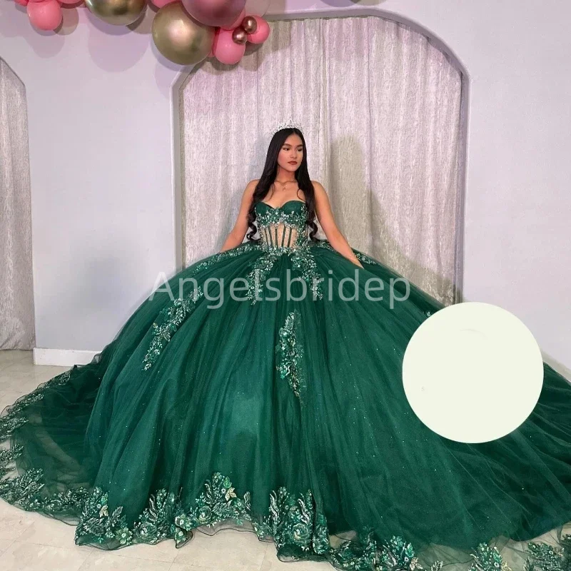 Angelsbridep Customized Luxury Emerald Green Ball Gown Quinceanera Dress Off Shoulder Party Dresses Vestidos 15 Años Quinceañera