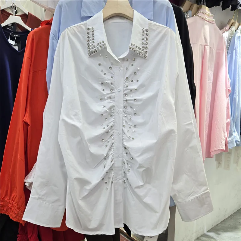 WTHT French Style Long Sleeves Shirt For Women 2026 Spring Fashion New Diamonds Wrinkled Design Blouse Female 1LS2879