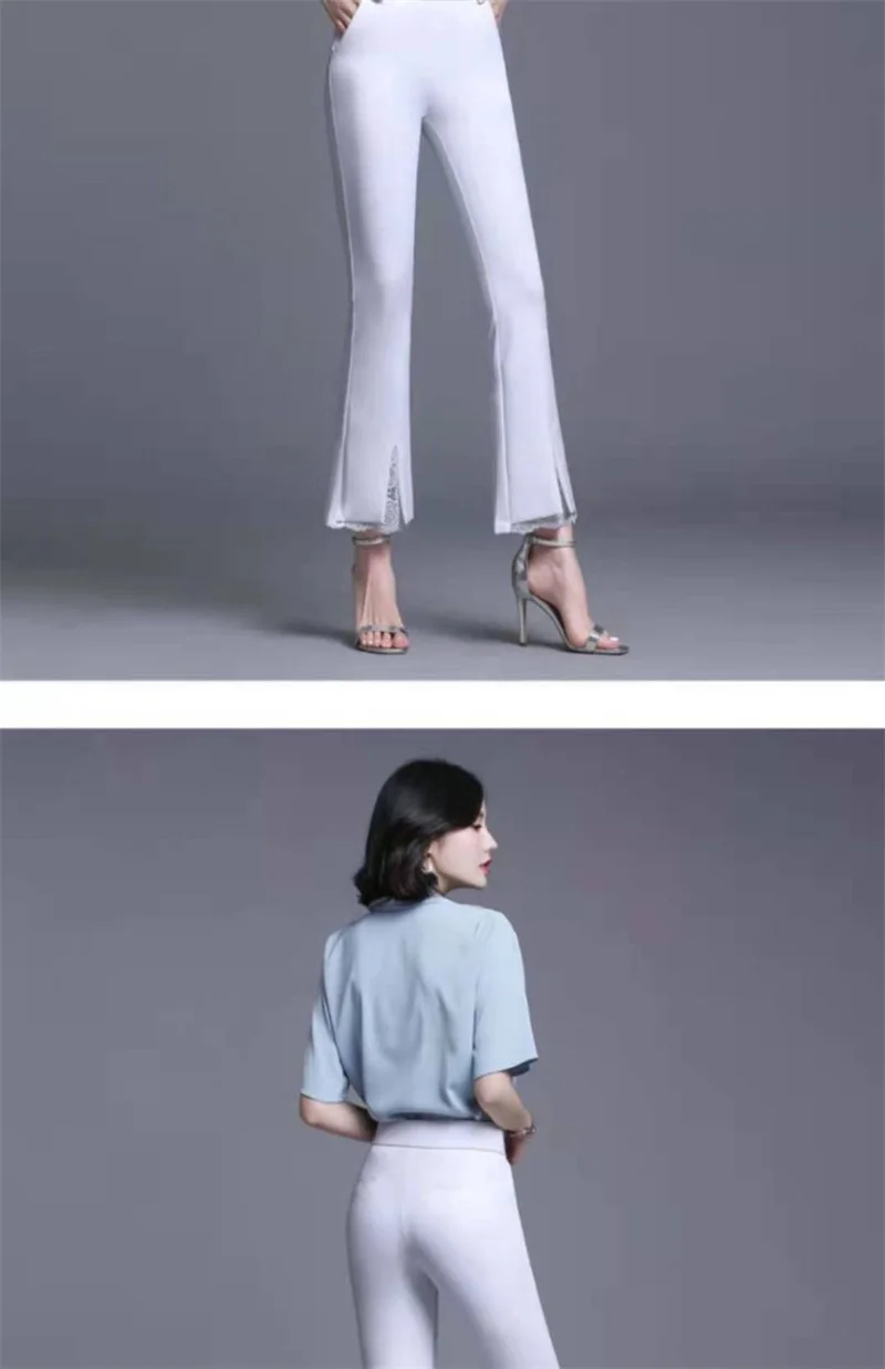 New Office Lady Lace Patchwork White Elastic Waist Casual Pants Summer Solid Women's Versatile Micro Flared Pants Women Clothing