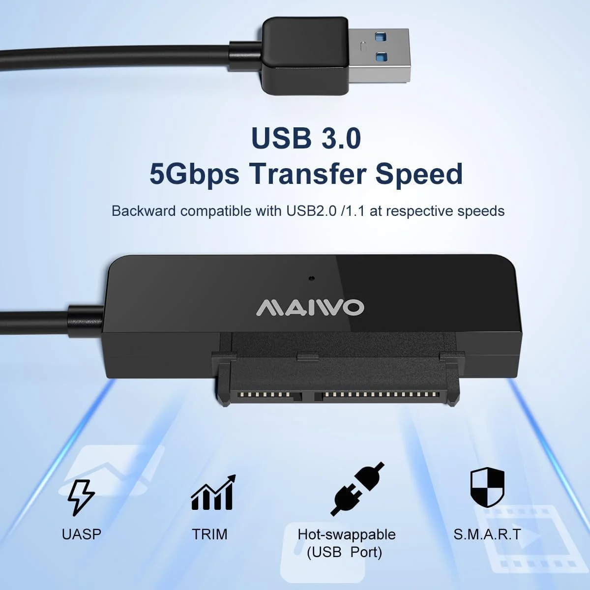 MAIWO USB 3.0 2.5인치 HDD SSD 외장 스토리지 케이스 SATA 5Gbps 하드 드라이브 디스크 박스 (PC 노트북 플러그 앤 플레이 지원, 7-9.5mm)
