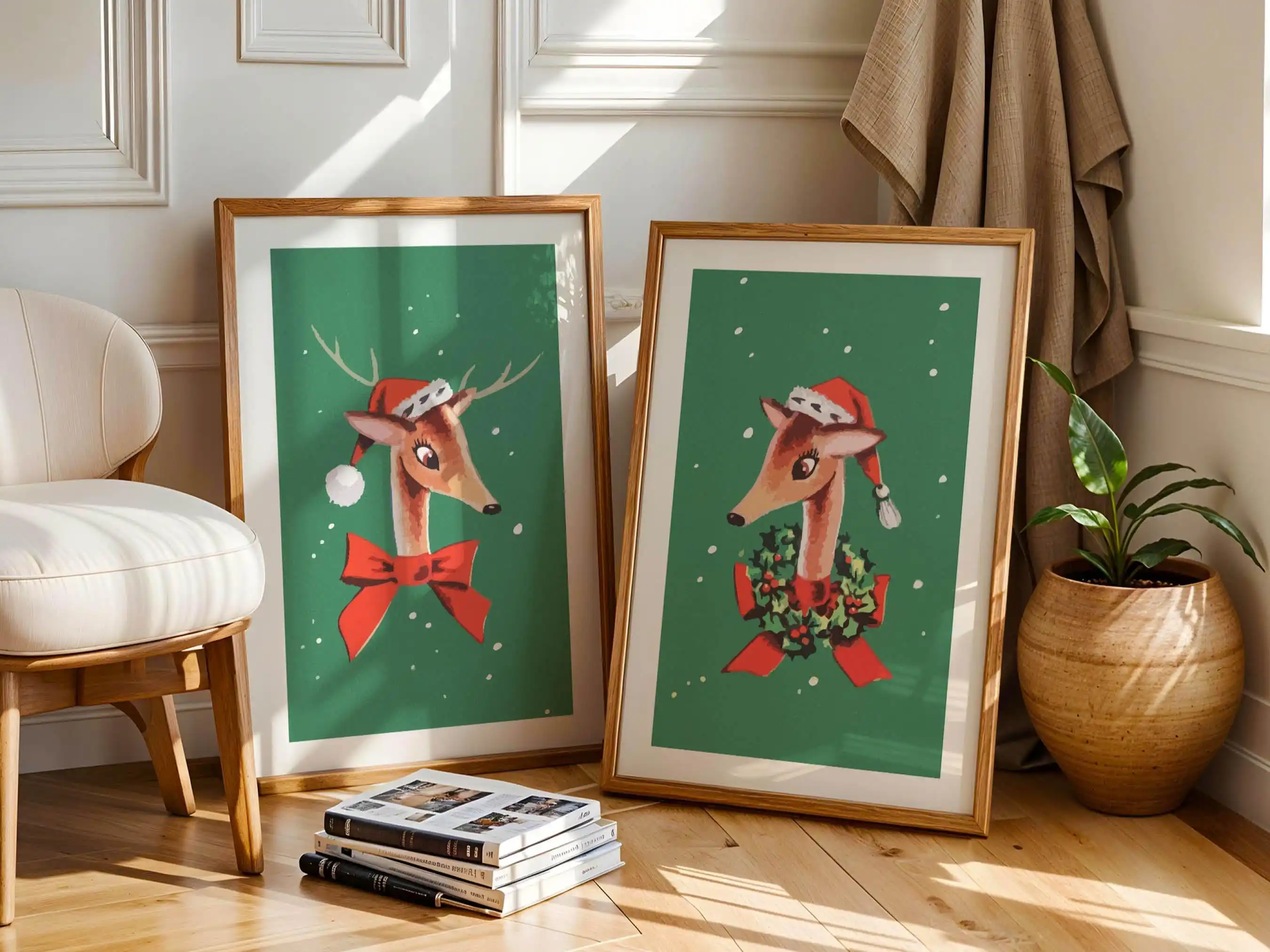 2pcs/Set Retro Christmas Reindeer Posters - Christmas Santa Hat Poster Festive Holiday Posters for Living Room and Bedroom Decor