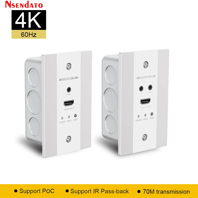 LKV565W-US 4K @ 60Hz HDR HDMI plaque murale POC Extender 70m sur Cat 6/6a/7 HDMI vers RJ45 Kit émetteur et récepteur vidéo avec IR