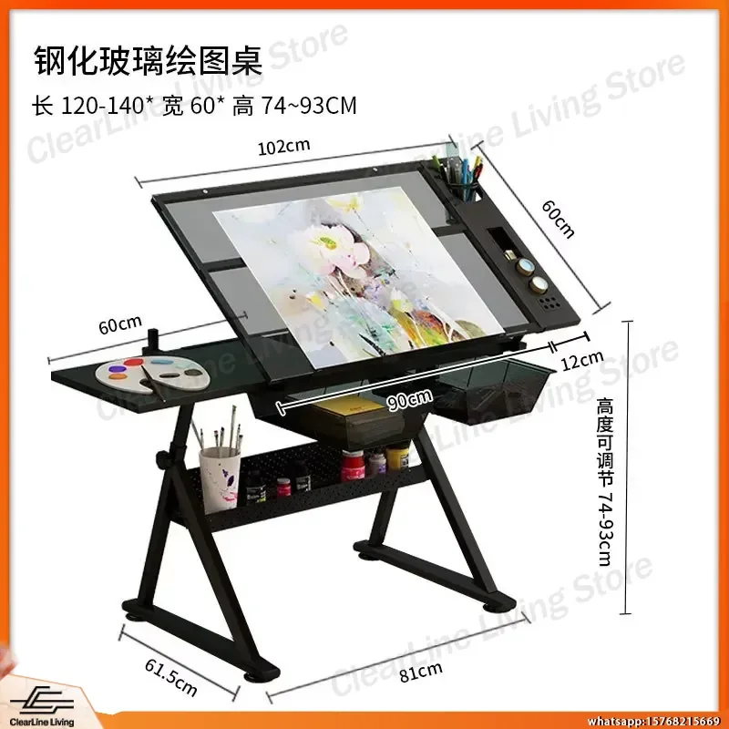 Adjustable Height Glass Drawing Desk Multifunctional Art Drafting Table for Home Office Study Room Computer Desk Workstation