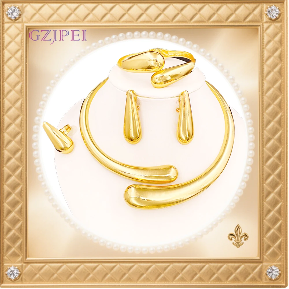 

GZJPEI 2025 New Exaggerate Jewelry Set Gothic Water Drop Cuff Bangle Ring Chic Smooth Metal Large Necklace Earrings Wedding Gift