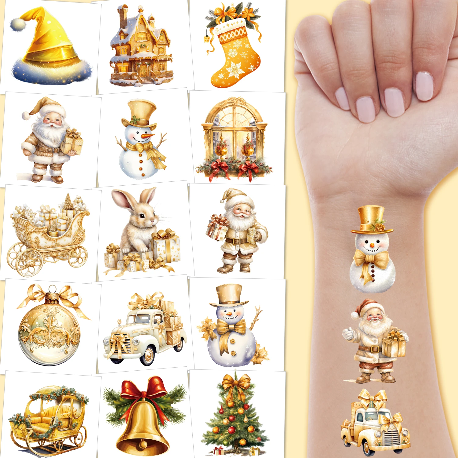 

10 листов рождественские временные татуировки, роскошные золотые рождественские украшения, сувениры для вечеринок, аксессуары, наклейки, чулки, набивки