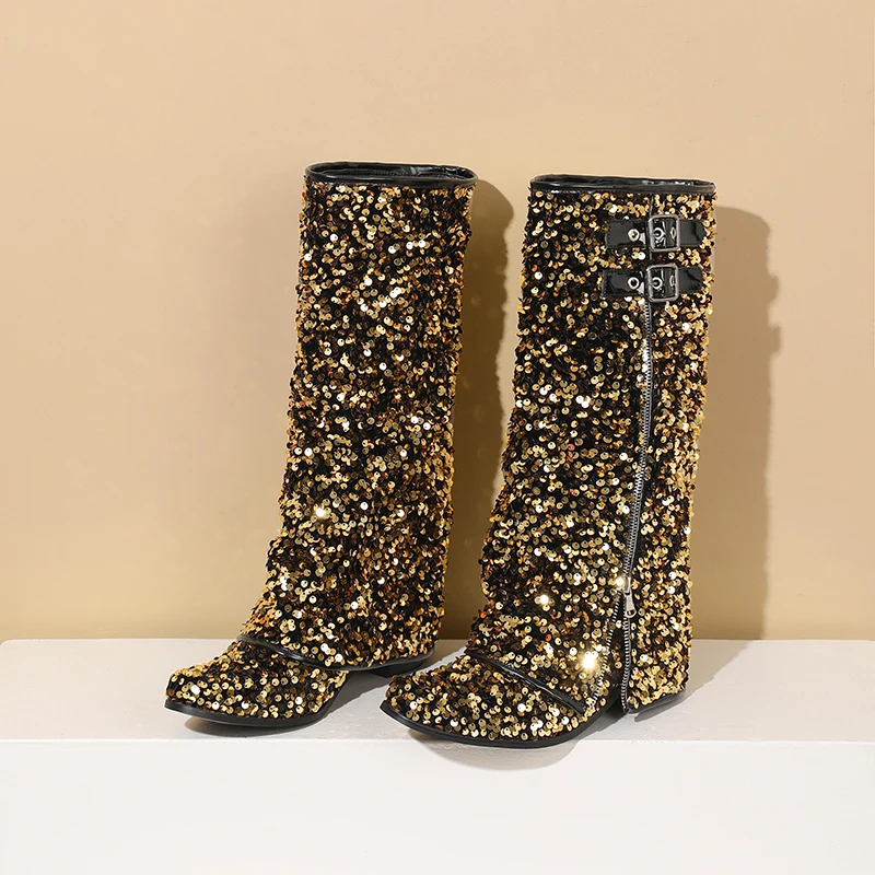 

2025 European and American Changing Color Fringe Gold Glittering Sequins Barrel Thick Heel Pointed High Boots