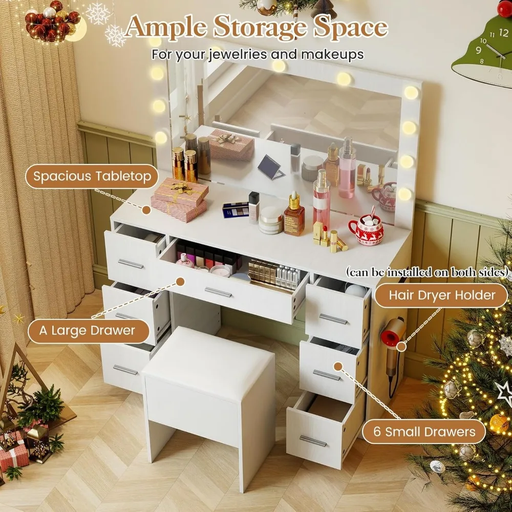 طقم طاولة مكياج مع مرآة، أضواء، محطة شحن، حامل مجفف الشعر، إضاءة 3 ألوان، 7 أدراج لتنظيم التجميل