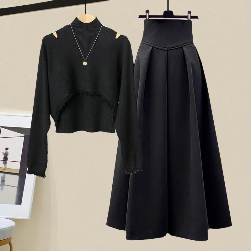 Winter Vintage Skirt Sets For Women Casual Korean Sweet Off The Shoulder Sweater+high Waist Skirt Two Piece Set Women Clothing