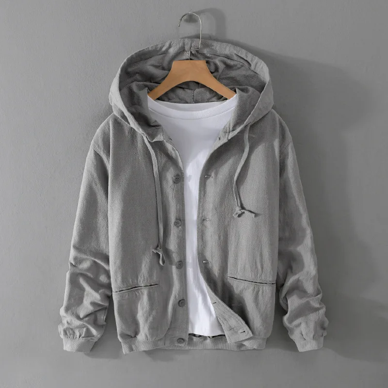 Men's Spring‑Autumn Cotton‑Linen‑Blend Hooded Jacket, Loose‑Fit Minimalist‑Style Casual Outerwear For Young Men Daily Wear