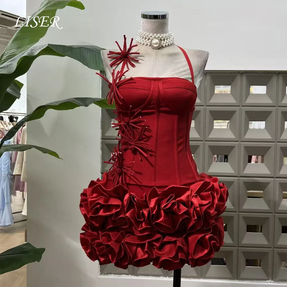 

Liser Strapless A-Line Halter Red Evening Dresses Flowers Silk Satin Short Sexy Prom Gowns Modern Customized robe de soirée