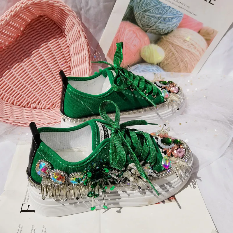 Colorful Rhinestones Women Platform Sneakers 2022 Green Canvas Bling Crystal Bridal Wedding Shoes Tassel Casual Vulcanized Shoes