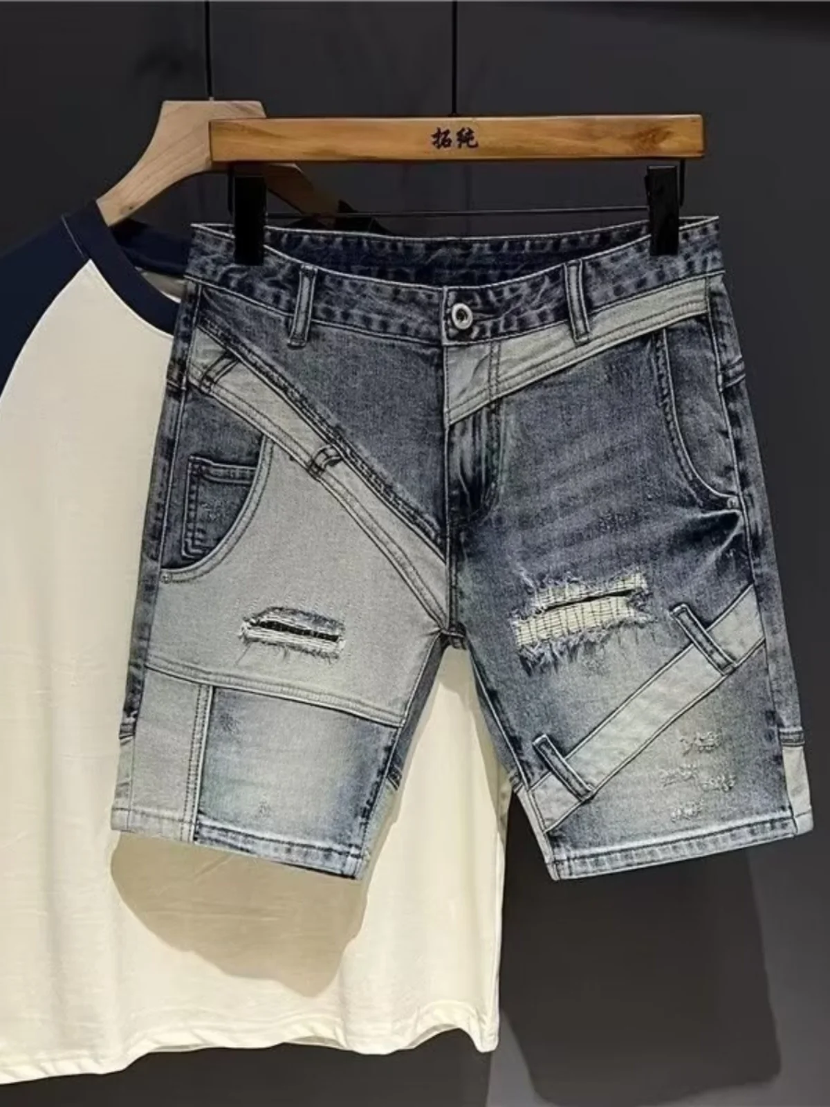 

Мужские джинсовые шорты с эффектом потертости, прямого кроя, с пэчворком, летние, тонкие, укороченные, молодежные, модные
