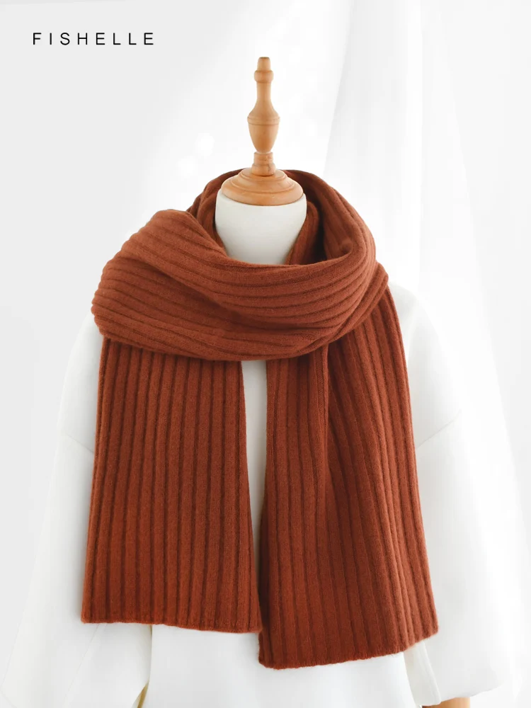 New Casual Versatile Brown Pure Wool Scarf for Women's Winter Warmth Long Knitted Thick Scarves for Men Adults Luxury Gifts