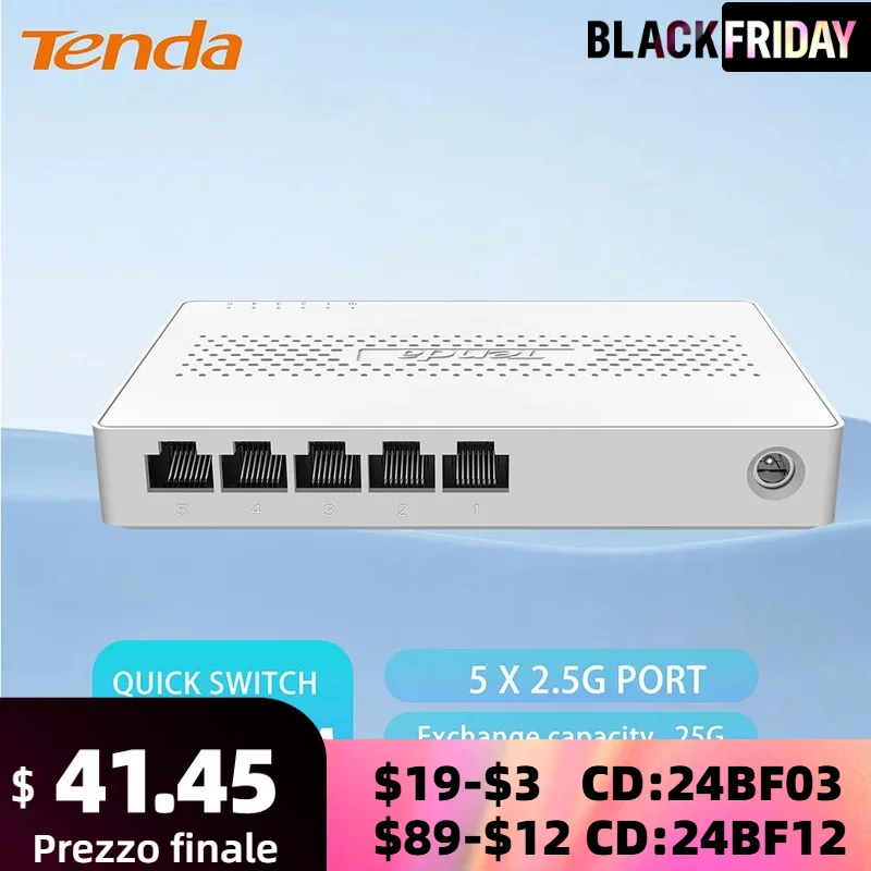 Tenda 2.5GbE Ethernet Switch 2.5GBASE-T 5 Port 2.5G RJ45 Fanless Plug and Play Network Switch Desktop Hub Internet Splitter