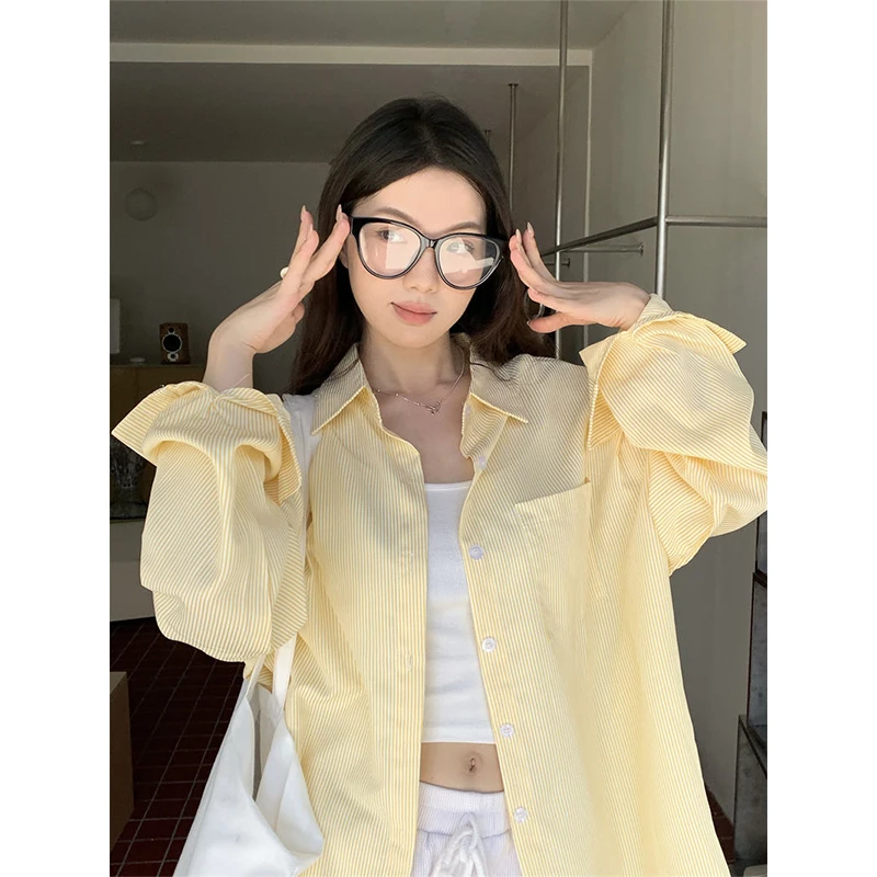 

Korean Simplicity Loose Striped Solid Color Polo Collar Long Sleeve Shirts Women Spring Summer Casual Office Lady All-match Tops