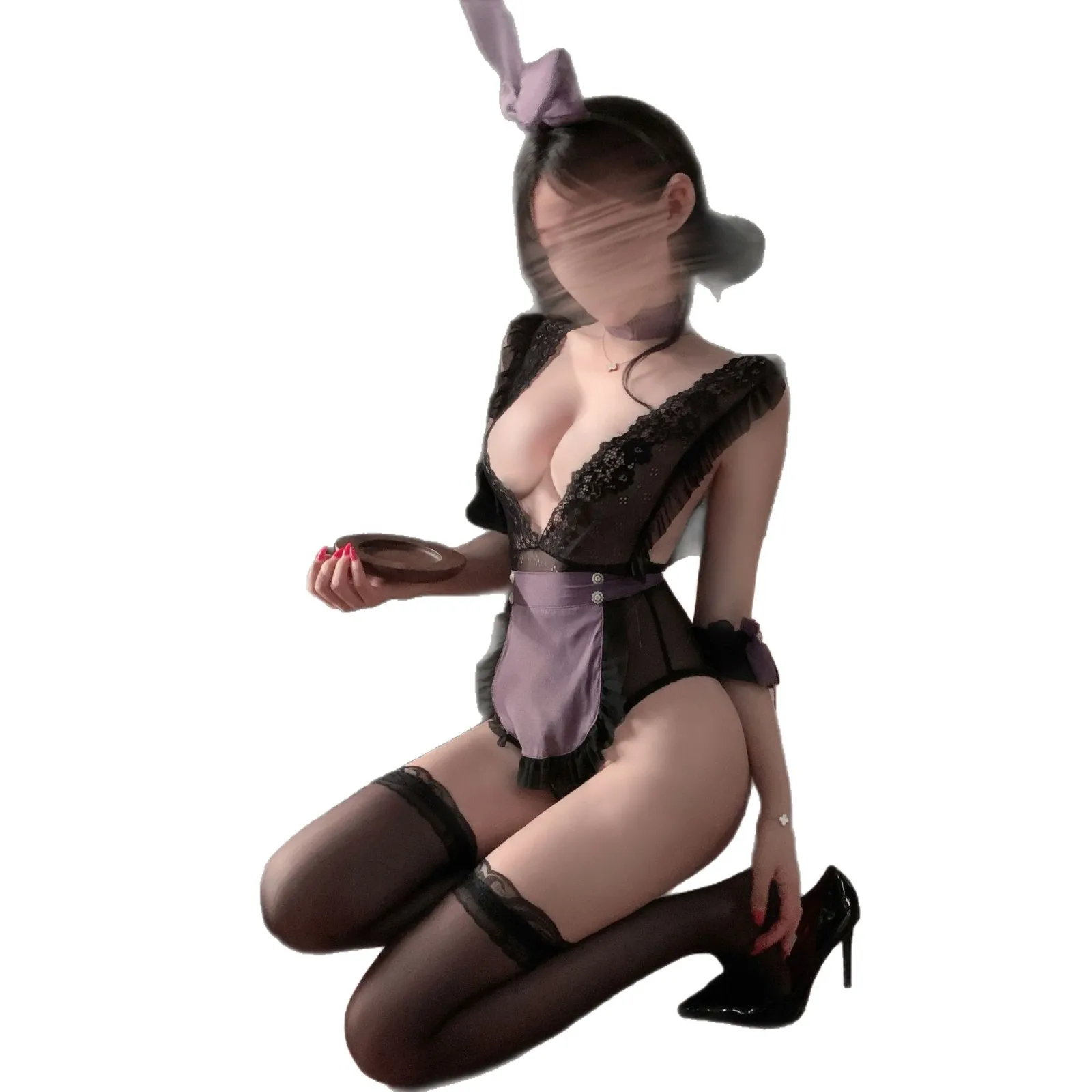 Sexy Nightclub Bodysuits Lace Trimmed For Women Cosplay Deep V Maid Backless Sleeveless Transparent Thin Bodysuits Charming HXE5