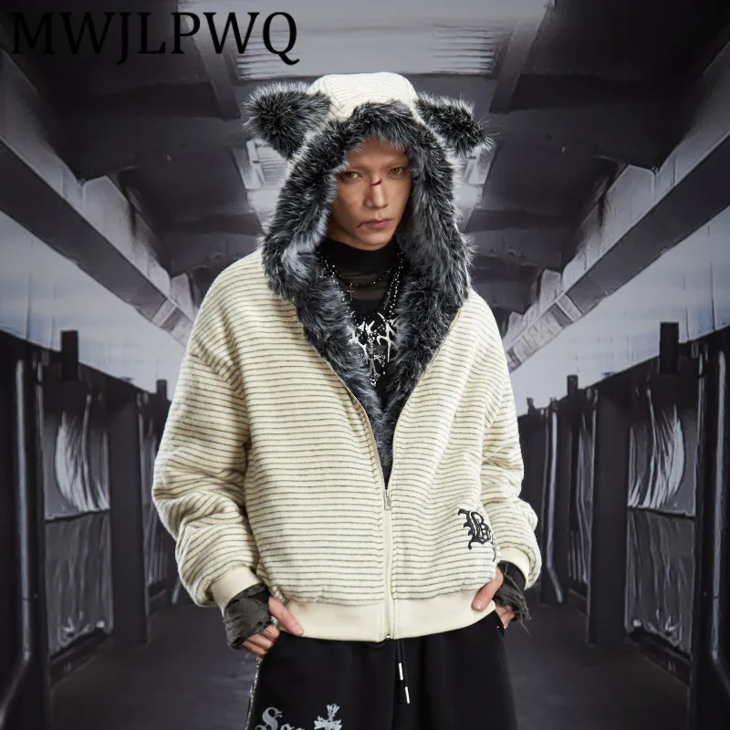 

MWJLPWQ Мужская утолщенная куртка с меховым воротником и капюшоном для мужчин и женщин, полосатое зимнее повседневное хлопковое пальто с длинными рукавами 12821