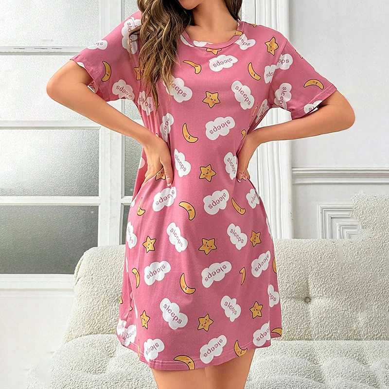 Womens Cartoon Pattern Print Nightgown Summer Short Sleeve Nightdress Loungewear Loose Breathable Sleepwear Home Clothes Pyjamas