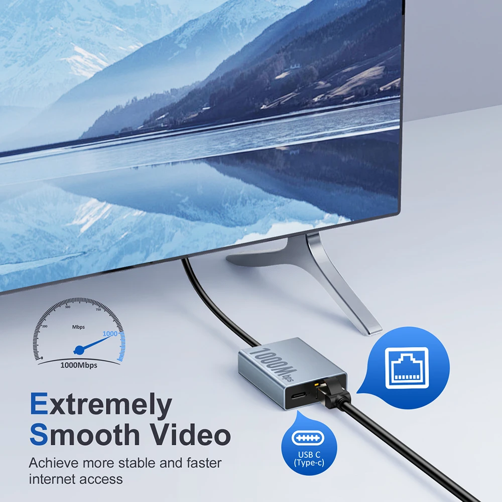 ELECTOP 1000Mbps USB C to Ethernet Adapter สําหรับ Chromecast พร้อม Google TV Type-C ถึง RJ45 Ethernet การ์ดเครือข่ายสําหรับแล็ปท็อปแท็บเล็ต