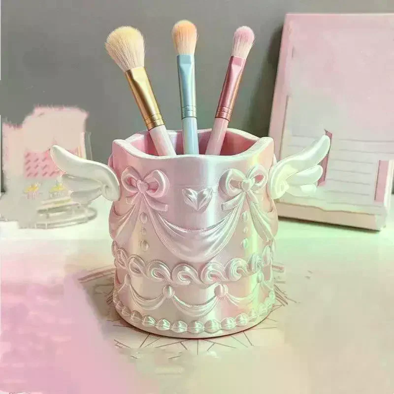 Silk Texture Girl Luxury Cosmetic Organizer Bucket Angel Wings Relief Makeup Brush Holder Desktop Pen Cup Gift For Women 1Pcs