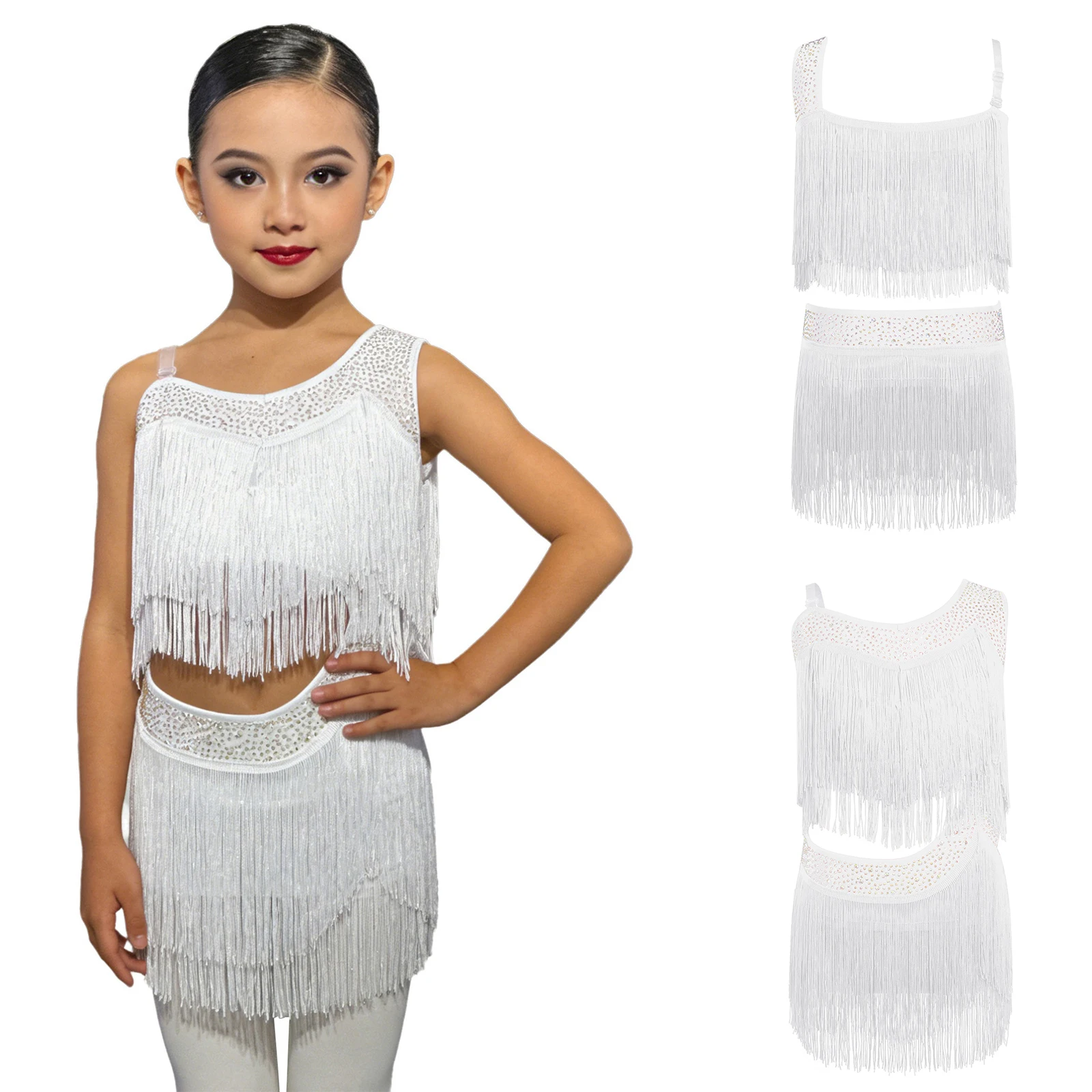 Kids Girls Sleeveless Shiny Rhinestones Cutout Tassel Latin Dance Leotard Dress Jazz Cha-Cha Rumba Samba Tango Salsa Costume - view 3
