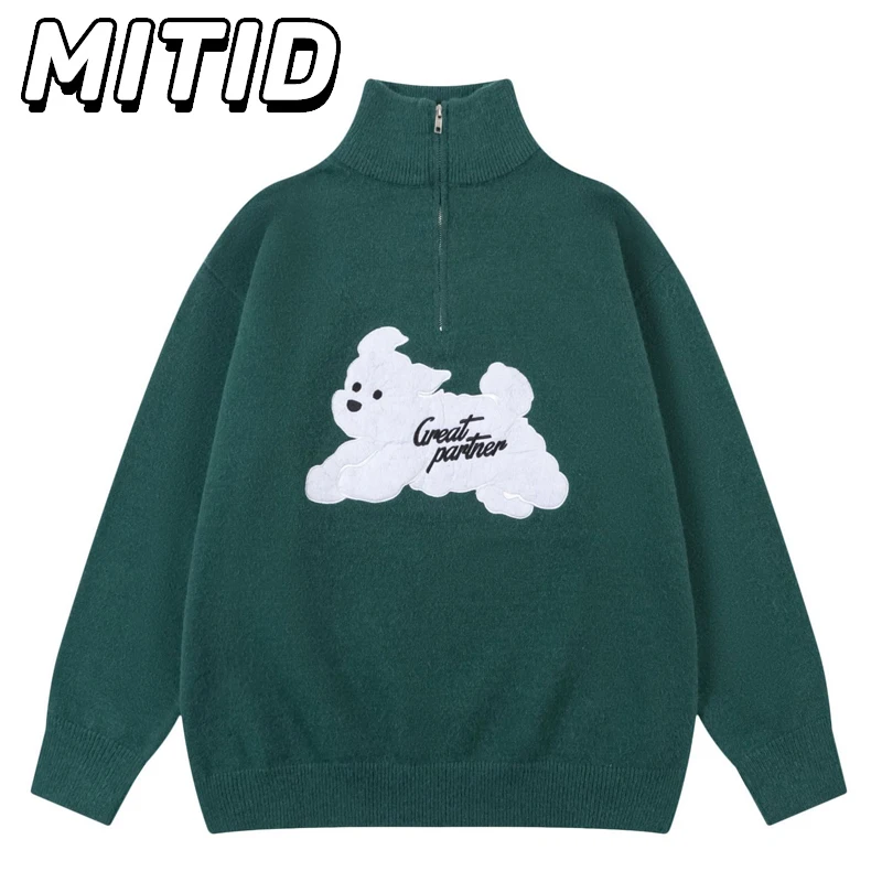 

Autumn Winter Half Zipper Pullover Sweaters Men Oversized Hip Hop Streetwear Fashion Cartoon Puppy Warm Knitted Sweater Women