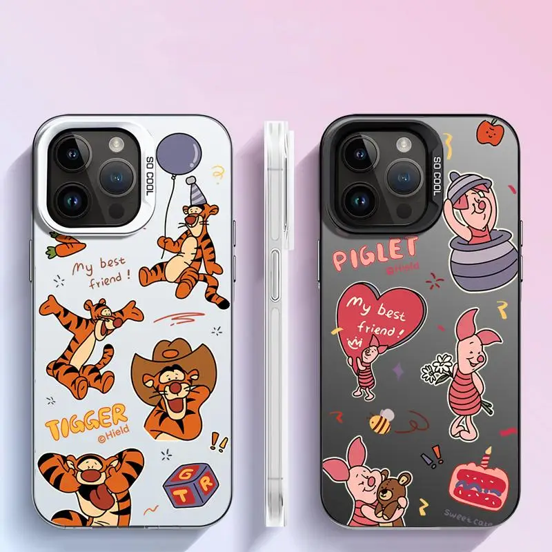 Matte Phone Case for iPhone 15 14 13 12 11 pro Max 15plus 14plus Disney Cartoon Piglet Tigger Colorful Silver Acrylic Hard Cover