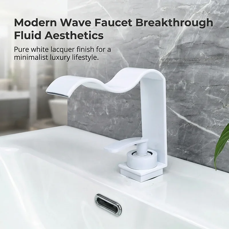 

Glossy White Bathroom Faucet, Solid Brass Modern Waterfall Wave Spout Single Handle Basin Mixer Tap, Deck Mount Hot Cold Lavator
