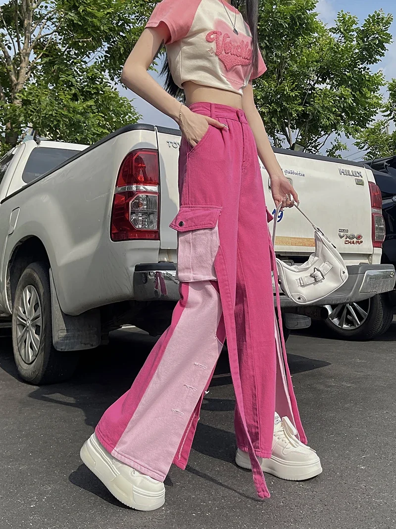 HarajukuVintage pembe fermuar yüksek bel düz kot Patchwork pantolon kadın Casual Baggy Y2K geniş bacak Grunge Denim pantolon