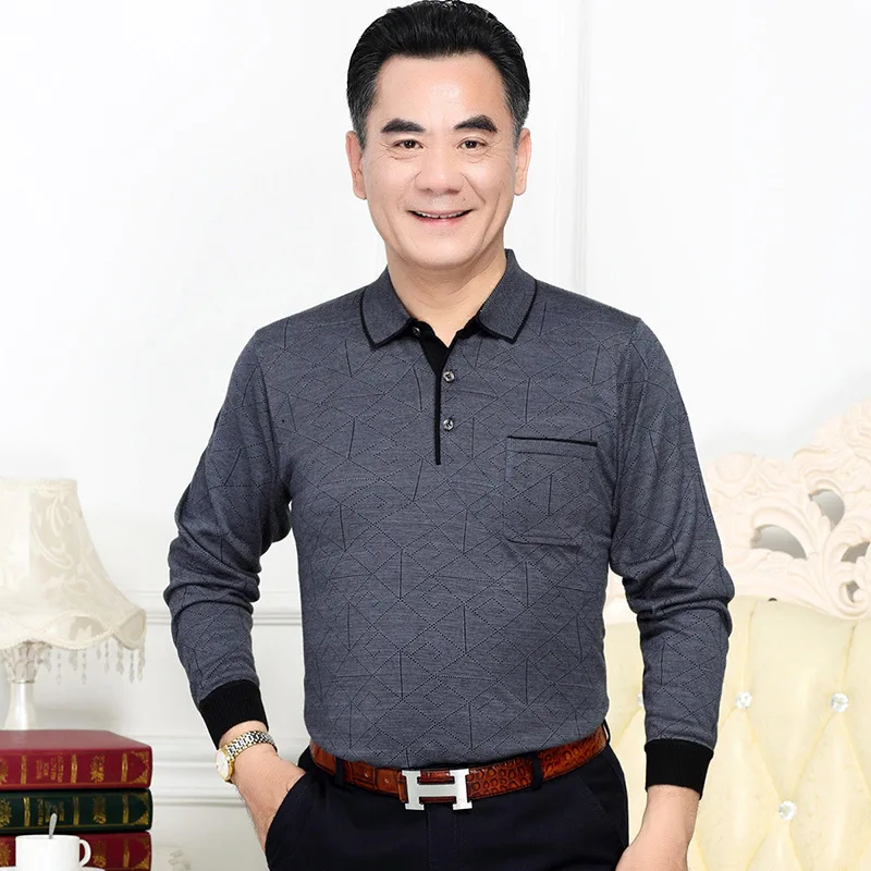 

Spring Autumn Dad Style Casual Long Sleeve T-Shirt with Collar Men's Outerwear Cotton Cleanfit Stripe Pattern Loose Fit