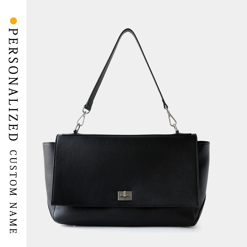 

First layer cowhide large capacity shoulder bag for women casual commuting tote bag retro crossbody briefcase free custom gold