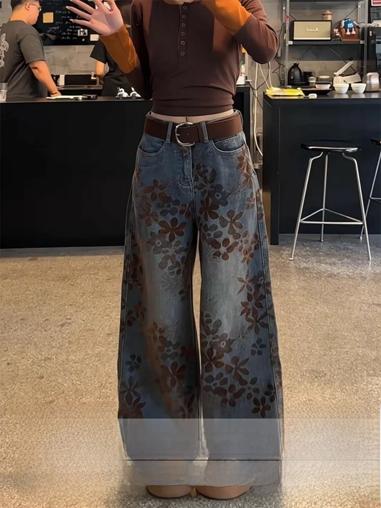 

Прямые джинсовые брюки с высокой талией, женские осенне-зимние новые брюки в американском стиле ретро с вышивкой, большой размер, свободные широкие...