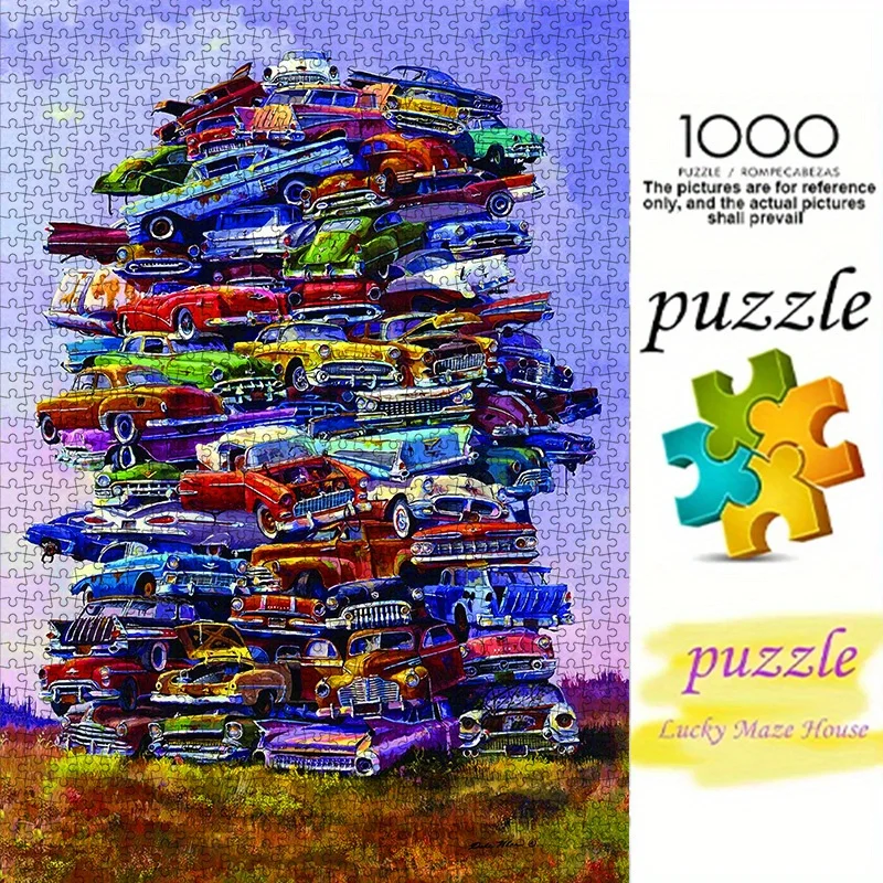 Whimsical Stacked Vintage Cars Scene Jigsaw Puzzle Adult Art Theme Intellectual Game Home Leisure Decorative Puzzle Toy