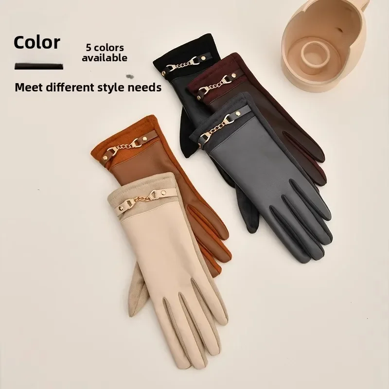Luxurious High Quality Protein Leather Fleece Lined Women's Gloves Winter Cycling Windproof Keep Warm Elegant Touchscreen Gloves