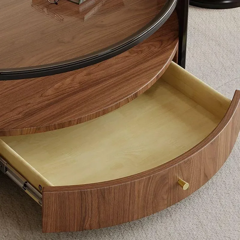 Modern Simple Round Coffee Table Nordic Style Living Room Rotating Glass Top with Storage Practical Multi Edge Design