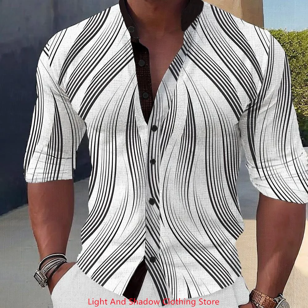 

2025 New Men's Stand up Collar Shirt Geometric 3D Printed Shirt Fashion Casual Street Men's Long Sleeve Single breasted Clothing