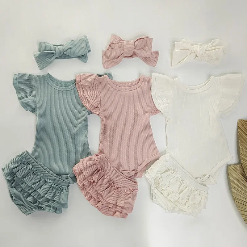 Baby Girls Romper Set | Newborn Flying Sleeve Rompers | Knitted Rompers with Bow Headband | Cake Bloomers | Ropa Bebe