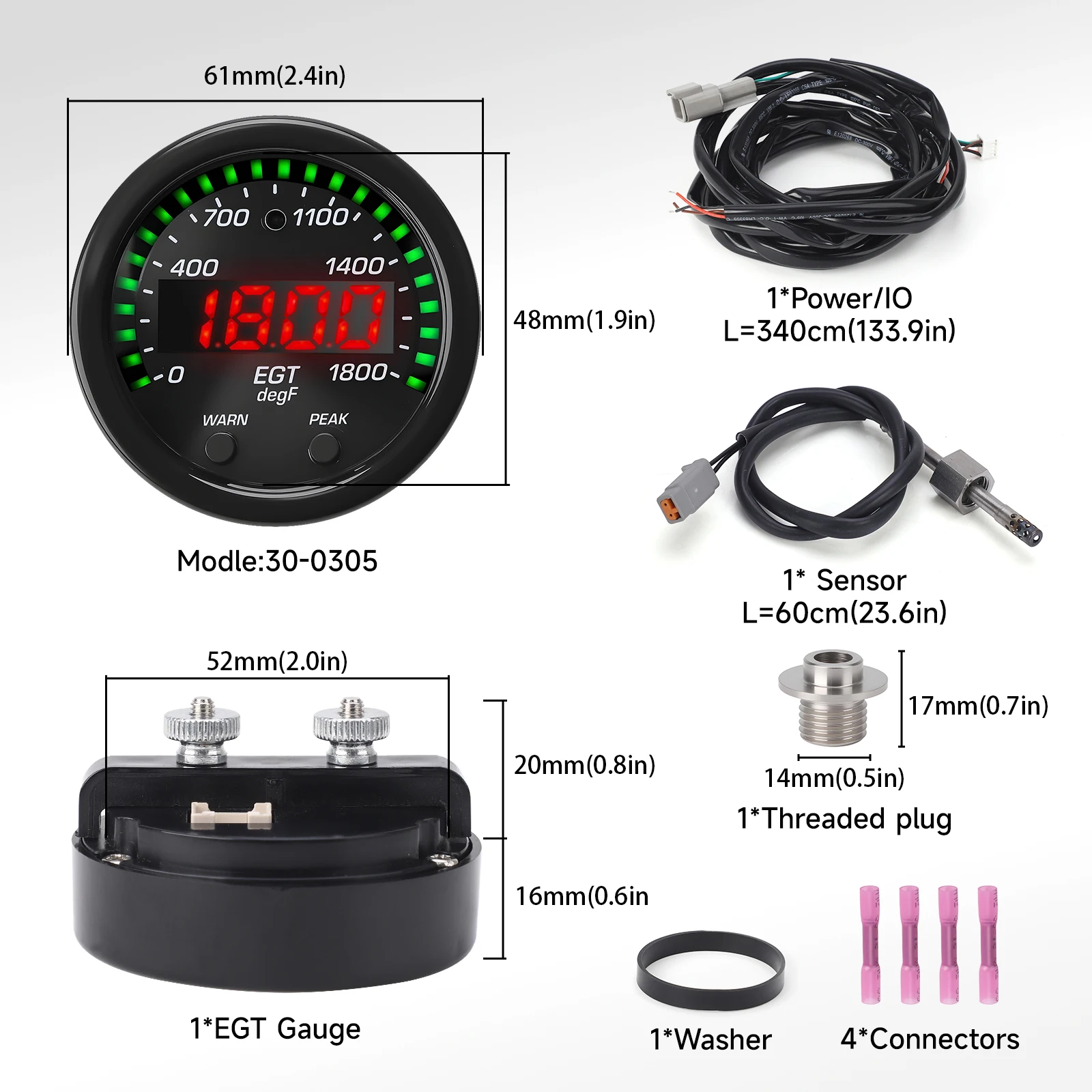 

52MM Digital EGT Gauge 30-0305-ACC 1800F/1000C Exhaust Gas Temperature Sensor Thermometer Stainless Steel Black For Auto Truck
