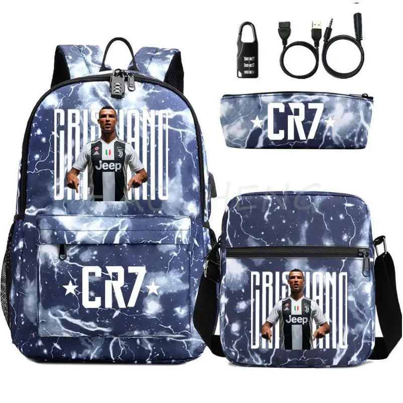 Fashion 3 Pcs/Lot Football CR7 Backpack 3D Printe Teens Shoulder Bags Women Men High School Students School Bags