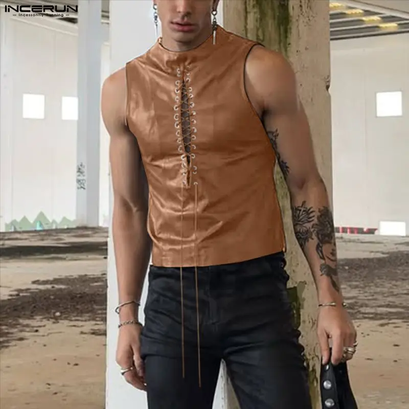 INCERUN Men's Tank Tops PU Leather Stand Collar Sleeveless Tops For Man Vests Lace Up Hollow Out Streetwear Stylish Men Clothes
