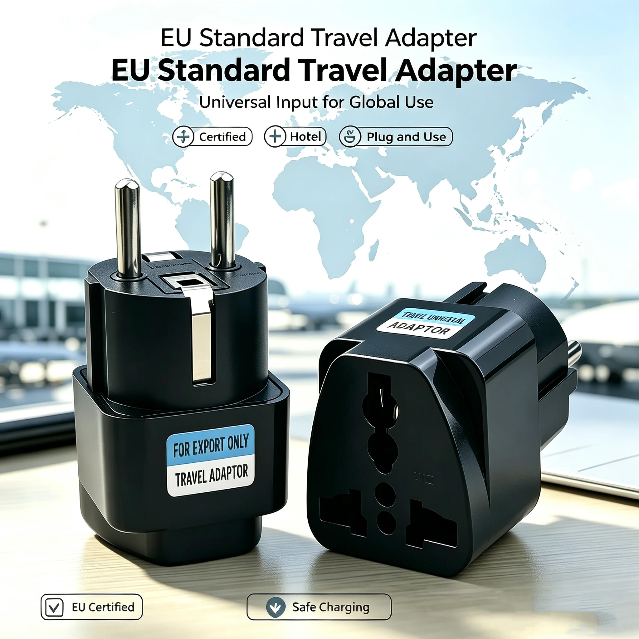 Black EU Travel Plug Adapter, Universal AU UK US KR RU French To Euro EU Converter Electrical Power Socket Travel Adaptor