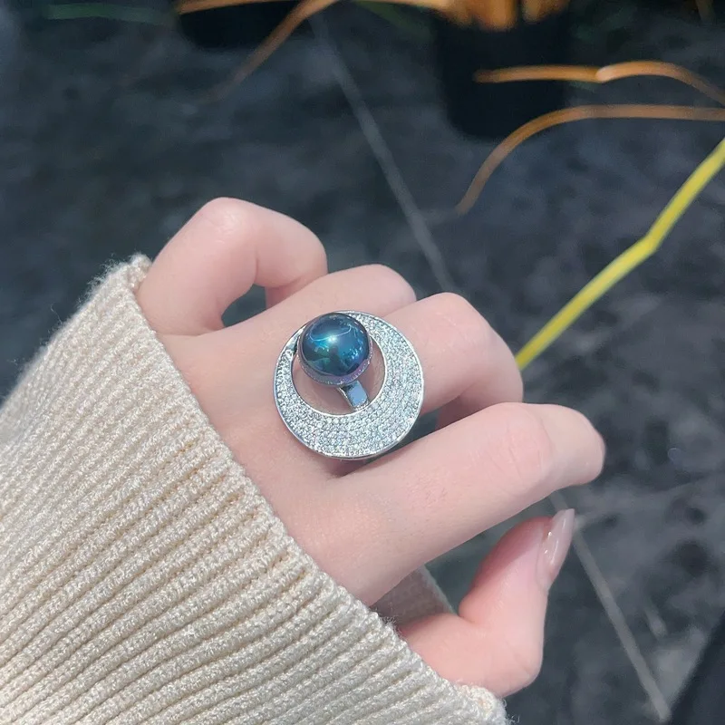 925 sterling silver Tahiti black pearl starry aurora ring, light luxury temperament, simple and high-end full diamond jewelry